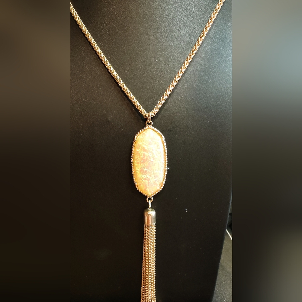 Elegant Long Gold Tone Yellow Shimmering Pendant Necklace With Tassel.